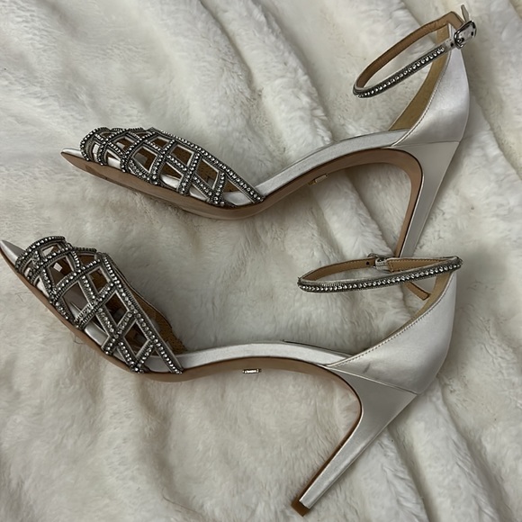 BADGLEY MISCHKA Rain Crystal Adorned Satin Stiletto Heel - Soft White - Picture 5 of 9